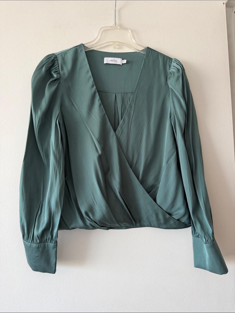 Greylin Lourdes Faux Wrap Blouse Medium Sage Green Nuuly Satin Long Sleeve Top